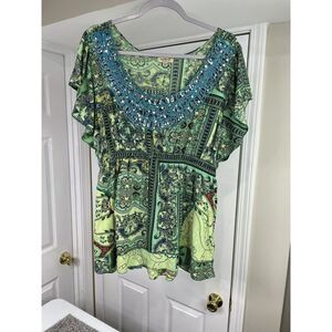 One‎ World Women Green Boho Cinch Waist S/S Beaded Scoop Neck size 1X.